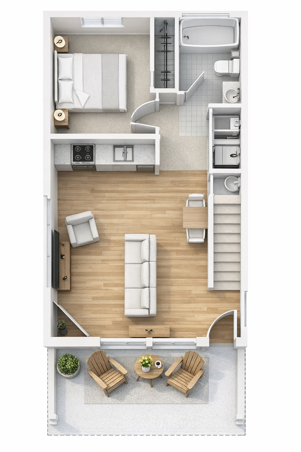 South Haven Cottage Plan A 3D floor plan showing main floor layout with living room kitchen bathroom and stairs to upper level